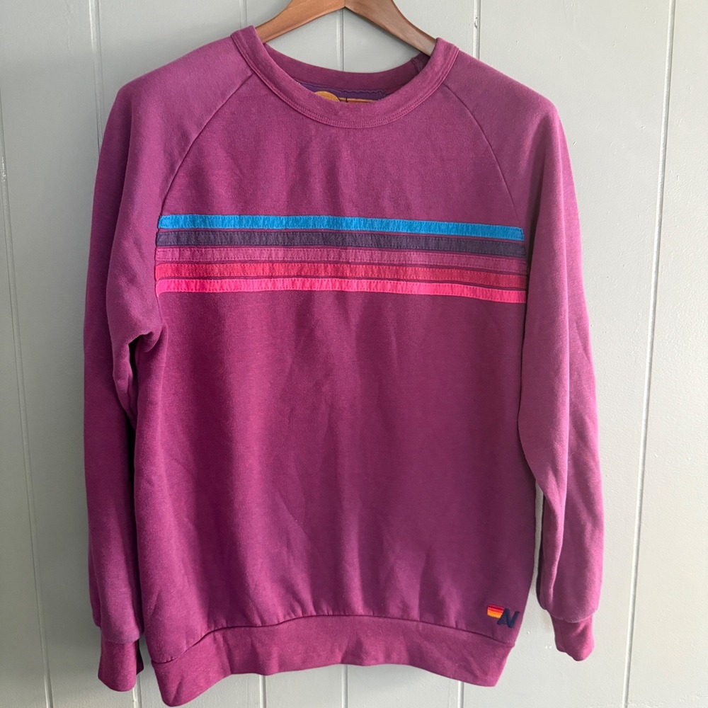 Aviator Nation 5 Stripe Relaxed Crew Sweatshirt Purple Lg 70s Retro Made in USA